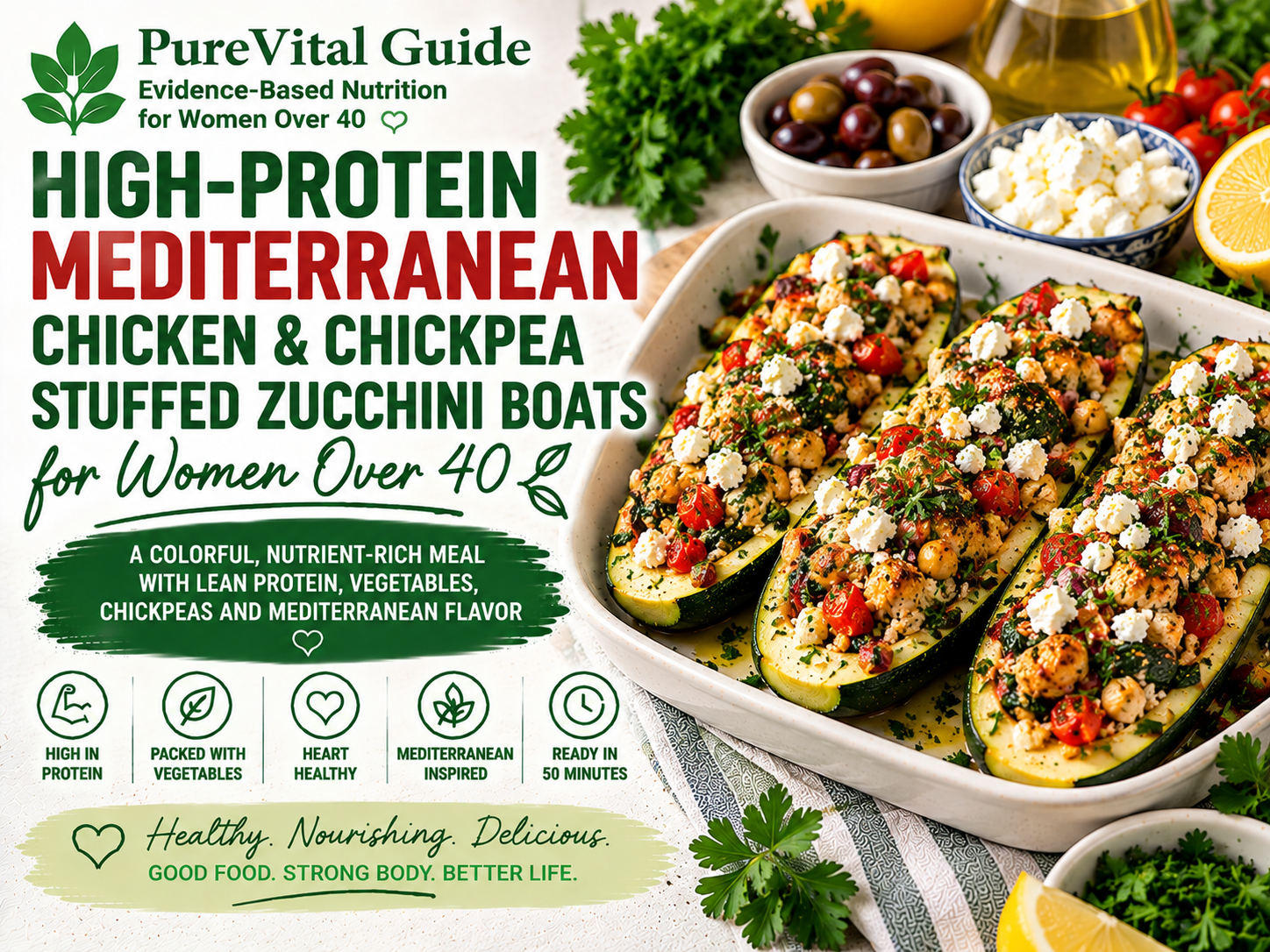 High-Protein Mediterranean Chicken & Chickpea Stuffed Zucchini Boats for Women Over 40